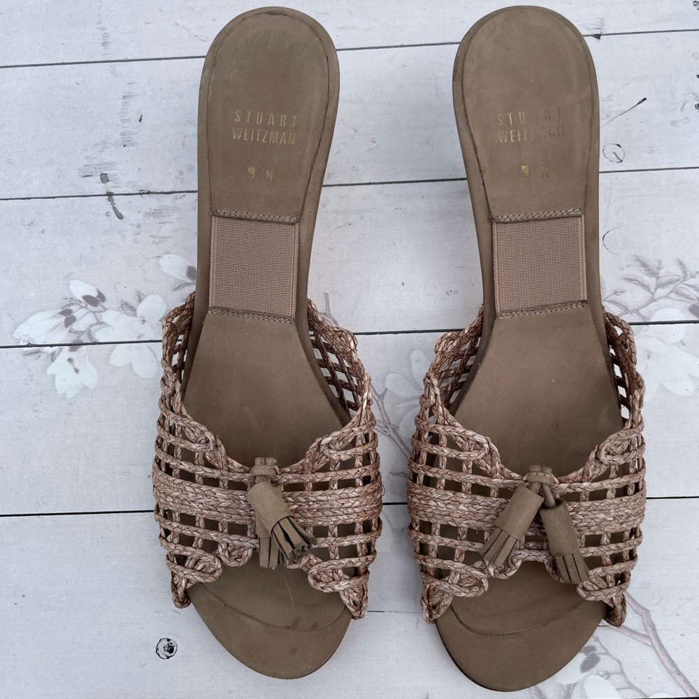 Stuart Weitzman Braided Tan Slide Mules with Tassel Detail - Picture 4 of 5